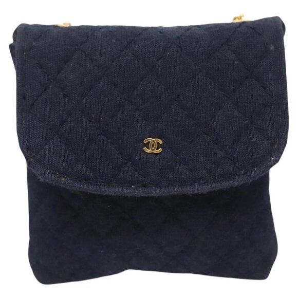CHANEL Matelasse Chain Pouch Shoulder Bag Cotton Navy Gold CC Auth - Picture 9 of 15